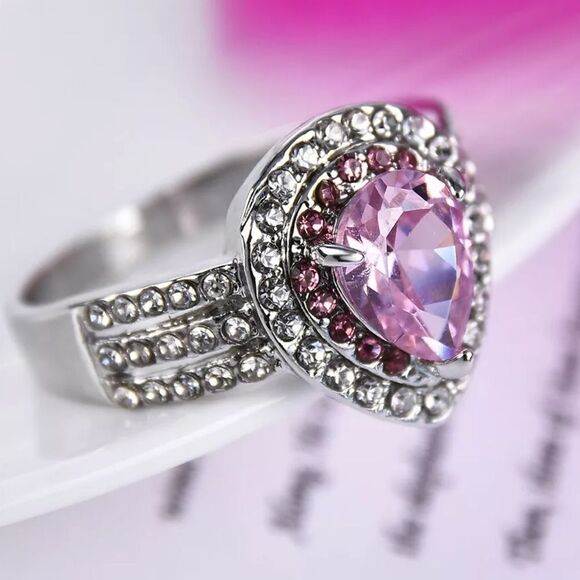 The Pink Tear sapphire 925 Silver tear drop statement ring sz 8 - Picture 7 of 11